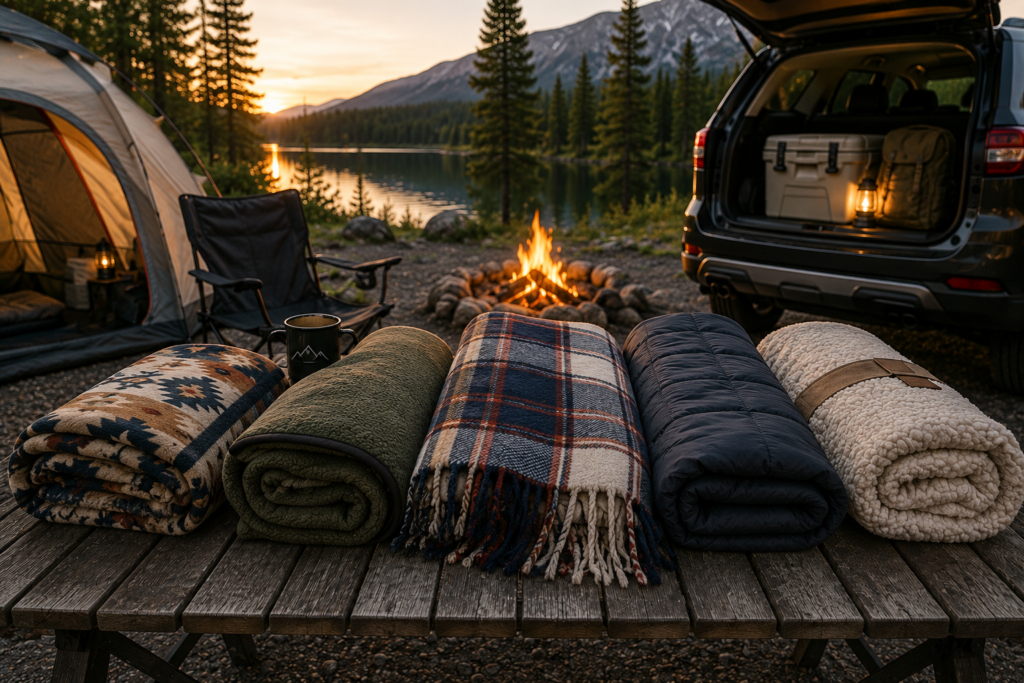 Different camping blankets displayed on a wooden table at a lakeside campsite