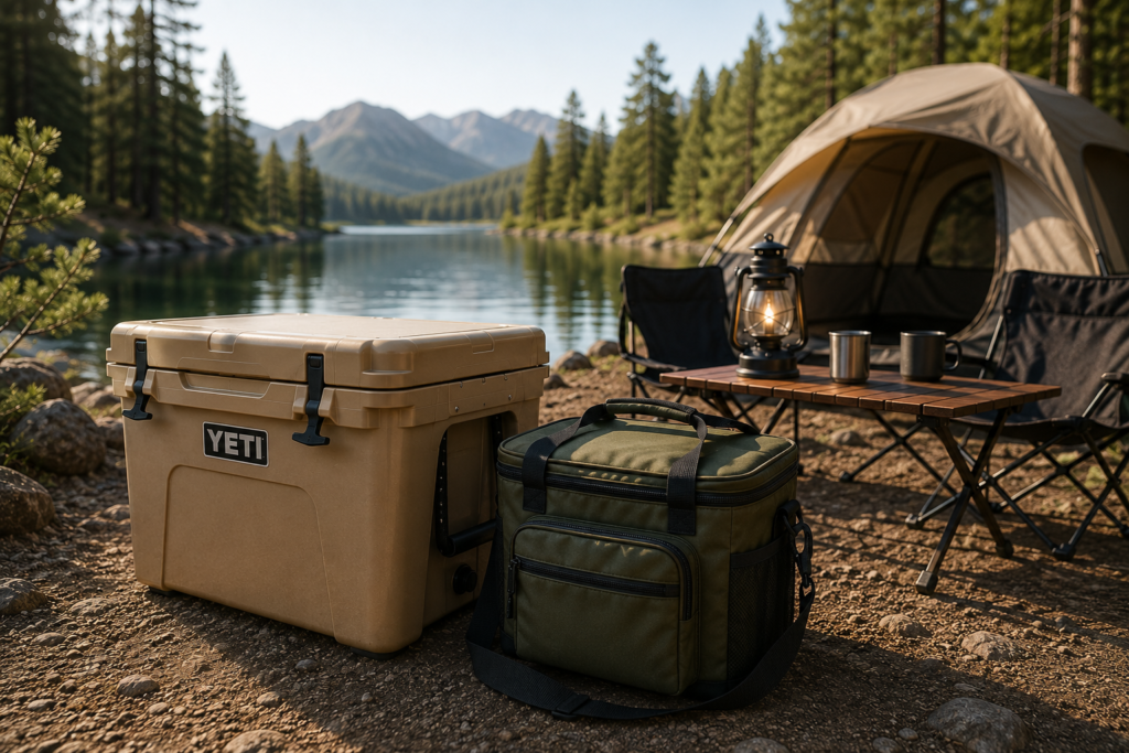 Different types of camping coolers for car camping beside a lakeside campsite