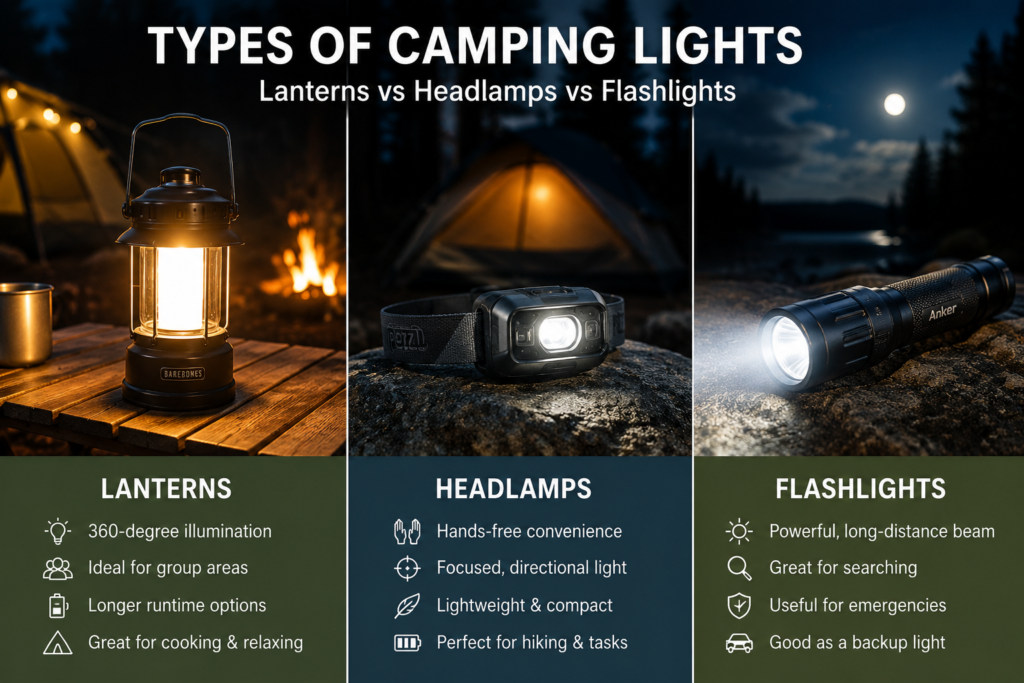 Comparison of camping lanterns headlamps and flashlights for car camping