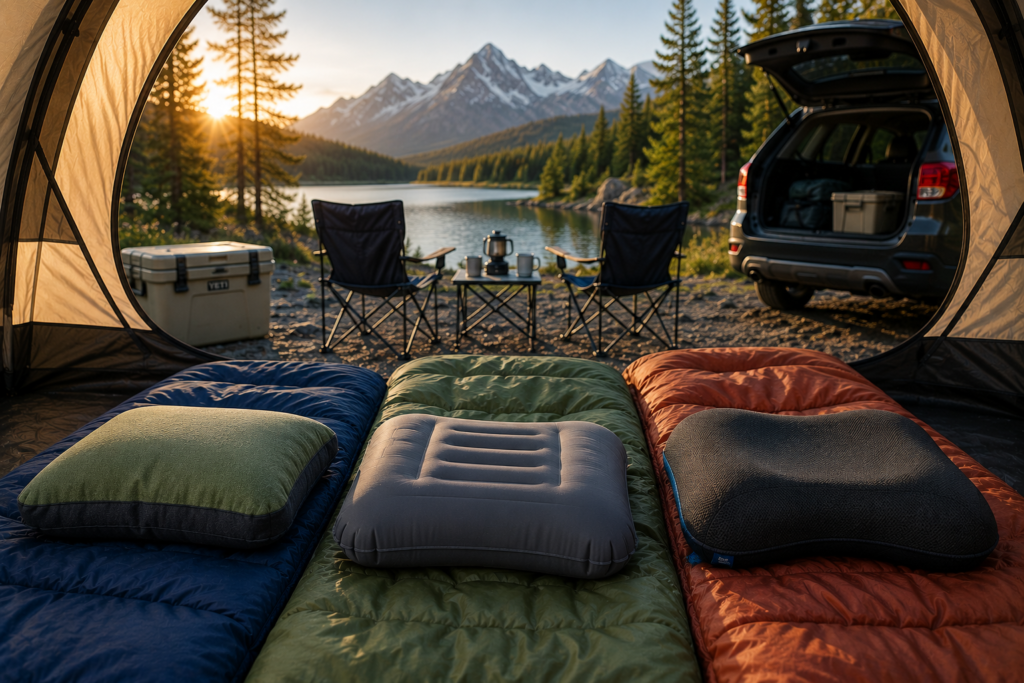 Different types of camping pillows inside a spacious family camping tent