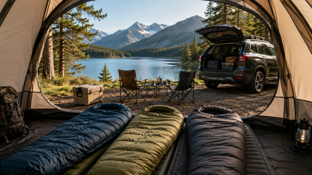 Different camping sleeping bags inside a family camping tent beside a mountain lake