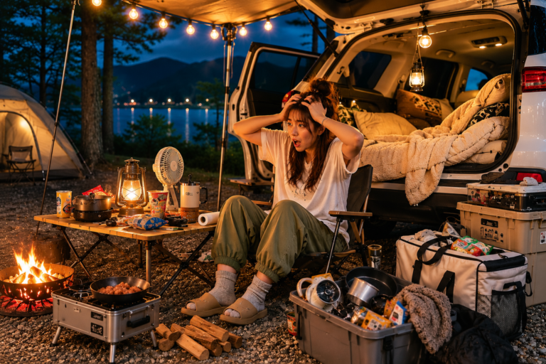 13 car camping mistakes with a frustrated woman surrounded by disorganized gear at a lakeside campsite