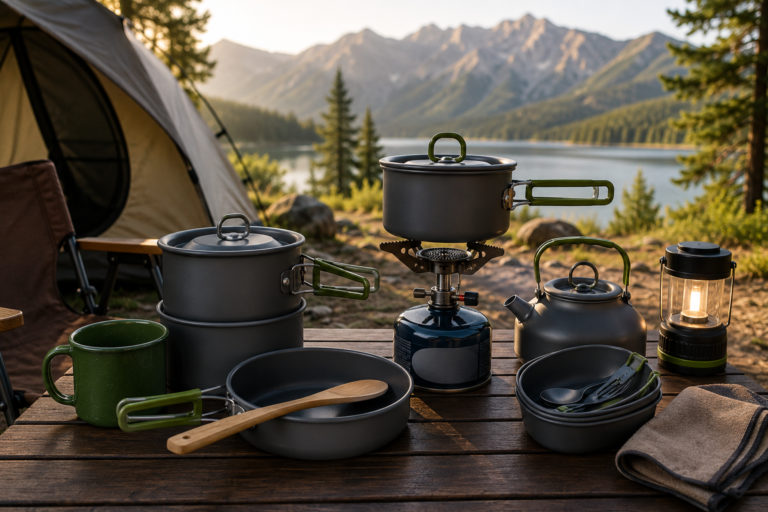 Best camping cookware sets arranged at a mountain lakeside campsite for outdoor cooking