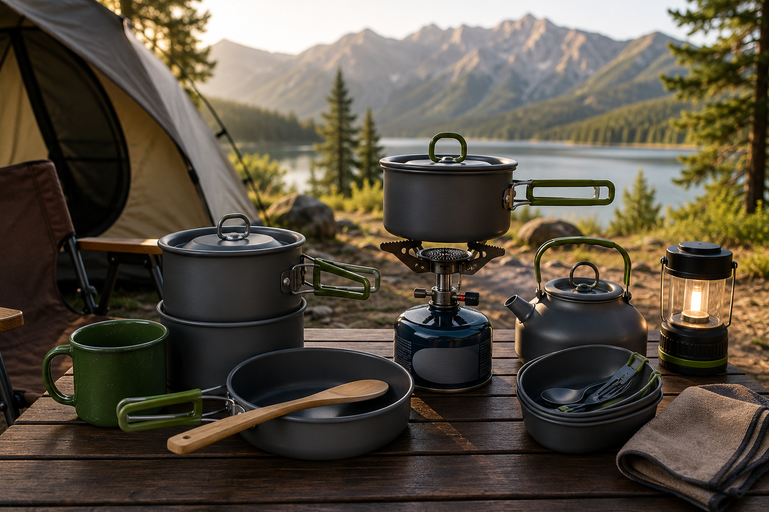 Best camping cookware sets arranged at a mountain lakeside campsite for outdoor cooking