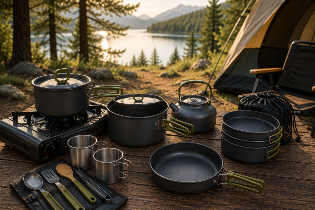 Durable camping cookware set with pots, pans, kettle, and utensils at a lakeside campsite