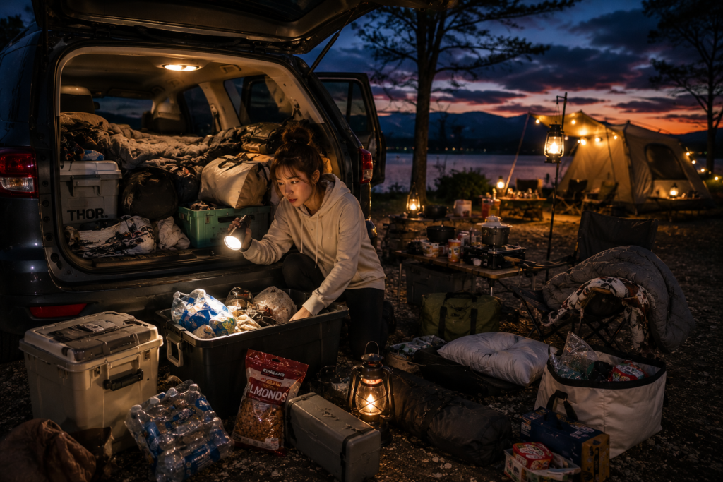 Car camping mistakes caused by arriving after dark with an overloaded SUV and disorganized camping gear