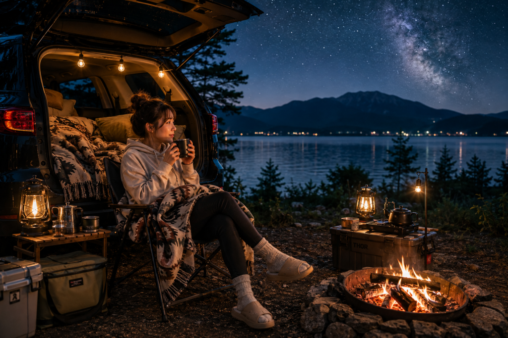 Car camping mistakes avoided as a female camper relaxes beside her SUV under a starry sky