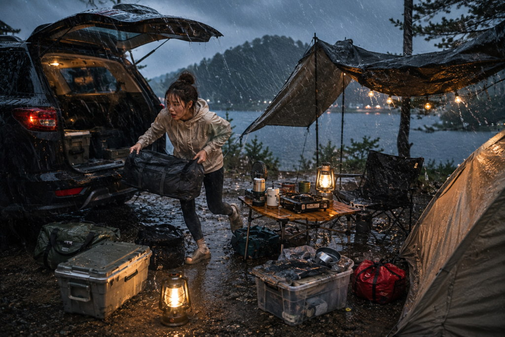 Car camping mistakes during sudden heavy rain as a female camper rushes to protect gear